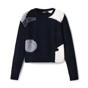 DESIGUAL MINA Cropped Graphic Sweater -Black / Cream/ Grey